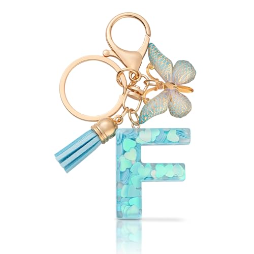 CHUQING Schlüsselanhänger Buchstabe F Mädchen Geschenk Schlüsselanhänger mit Anfangsbuchstaben Schmetterling für Frauen,Blau von CHUQING