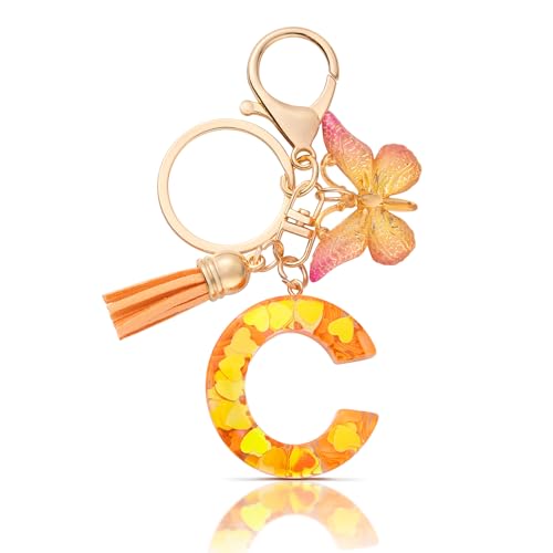 CHUQING Schlüsselanhänger Buchstabe Geschenke für Mädchen Schlüsselanhänger mit Buchstaben C Orange Schmetterling Anfangsbuchstaben Schlüssel Anhänger von CHUQING