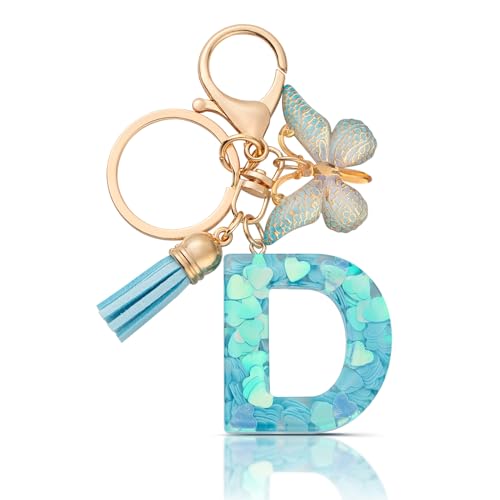 CHUQING Schlüsselanhänger Buchstabe Mädchen Geschenk Schlüsselanhänger mit Anfangsbuchstaben D Schmetterling für Frauen,Blau von CHUQING