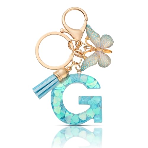 CHUQING Schlüsselanhänger Buchstabe Mädchen Geschenk Schlüsselanhänger mit G Anfangsbuchstaben Schmetterling für Frauen,Blau von CHUQING