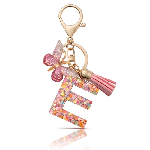 CHUQING Schlüsselanhänger Buchstabe Schlüsselanhänger für Frauen Mädchen Schlüsselanhänger Rosa Schlüsselanhänger E Anfangsbuchstabe Schlüsselanhänger Schmetterling von CHUQING