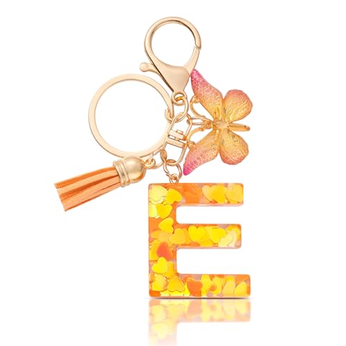 CHUQING Schlüsselanhänger E Buchstabe Geschenke für Mädchen Schlüsselanhänger mit Buchstaben Orange Schmetterling Anfangsbuchstaben Schlüssel Anhänger von CHUQING