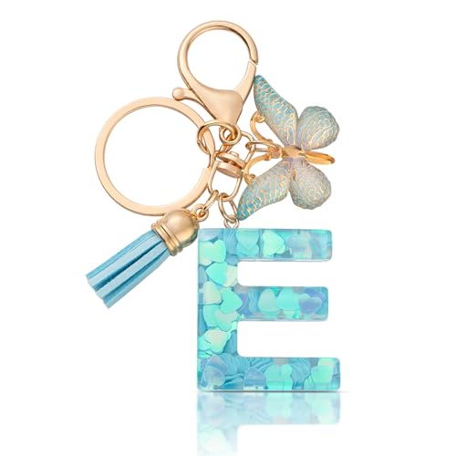 CHUQING Schlüsselanhänger E Buchstabe Mädchen Geschenk Schlüsselanhänger mit Anfangsbuchstaben Schmetterling für Frauen,Blau von CHUQING