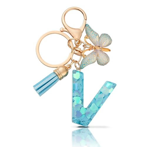 CHUQING Schlüsselanhänger Mädchen Buchstabe Geschenk Blau Buchstaben V Schlüsselanhänger mit Anfangsbuchstaben für Frauen von CHUQING