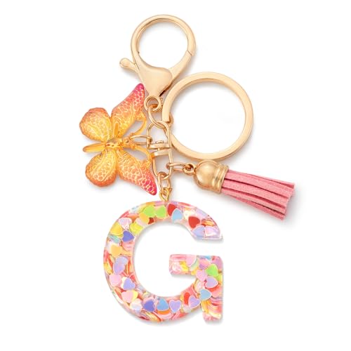 CHUQING Rosa Schlüsselanhänger, Buchstaben Anhänger mit Schmetterlings Quasten, Schmetterlinge Geschenk für Frauen und Mädchen von CHUQING