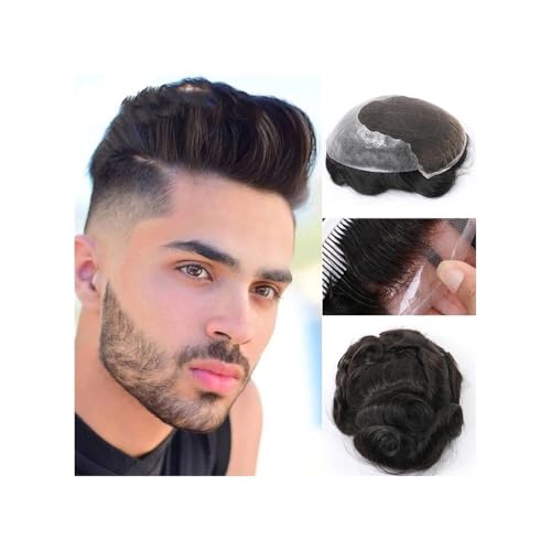 Perücke, Herren Perücke Haaransatz Schweizer Spitze Dünne PU Männliche Perücke Remy Menschenhaar Ersatz System Haar Prothese Toupet Männer,Toupethaar(Jet Black,8x10) von CHURICH-E