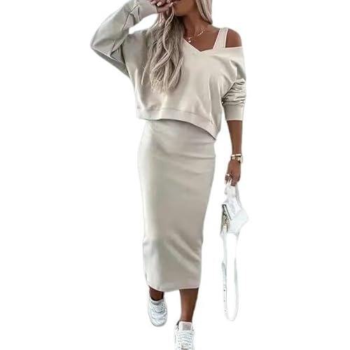 CHYDDU Sweatshirt Kleid Frühlings- Und Herbst Zweiteiliger Frauenweste Kleid V-Ausschnitt Sweater Strickanzug Hüftrock-Beige-S CHYDDU Sweatshirt Kleid Frühlings- Und Herbst Zweiteiliger Frauenweste Kleid V-Ausschnitt Sweater Strickanzug Hüftrock-Beige-S von CHYDDU