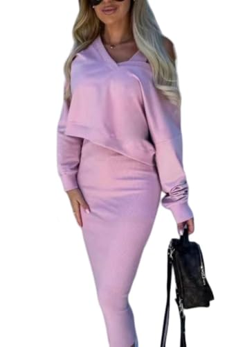 CHYDDU Sweatshirt Kleid Frühlings- Und Herbst Zweiteiliger Frauenweste Kleid V-Ausschnitt Sweater Strickanzug Hüftrock-Rosa-S von CHYDDU