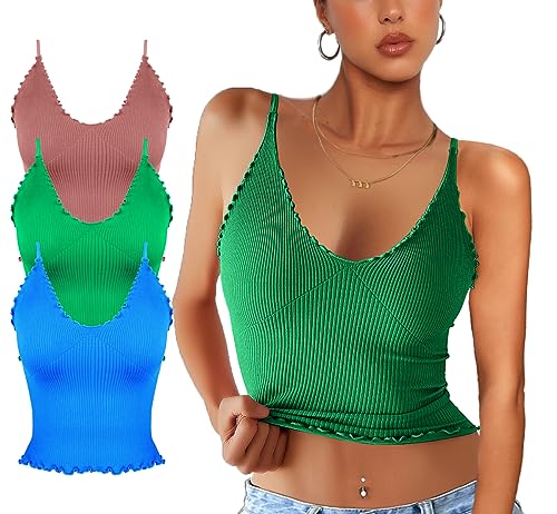 CHYRII Damen 3er Pack Rüschen V-Ausschnitt Cropped Tops Workout Basic Gerippt Camisole Tank Tops, 3er-Pack - staubiges Rosa+Grün+Indigoblau, Groß von CHYRII