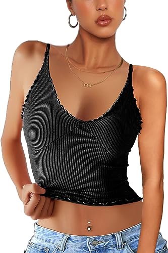 CHYRII Damen 3er Pack Rüschen V-Ausschnitt Cropped Tops Workout Basic Gerippt Camisole Tank Tops, Einteiler, schwarz, Klein von CHYRII