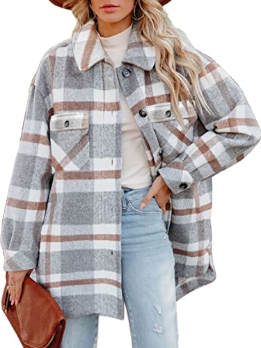 CHYRII Damen Casual Flanell Plaid Shacket Button Down Langarm Hemd Jacke Mäntel mit Taschen, # 7076 Grau, Mittel von CHYRII