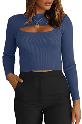 CHYRII Damen Cutout Langarm Strick Rippen Pullover Sweater Pullover Tops, navy, Mittel von CHYRII