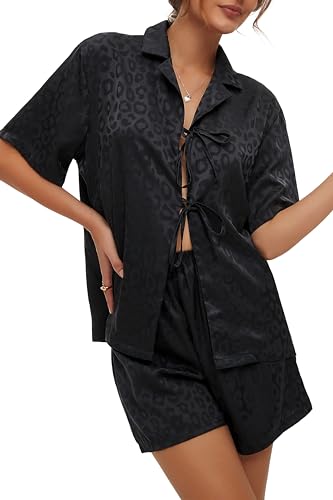 CHYRII Damen-Pyjama-Set aus Seidensatin, kurzärmelig, mit Schleife vorne, zweiteilige Tops und Shorts, Nachtwäsche, Schwarz (black Leopard), 38 von CHYRII