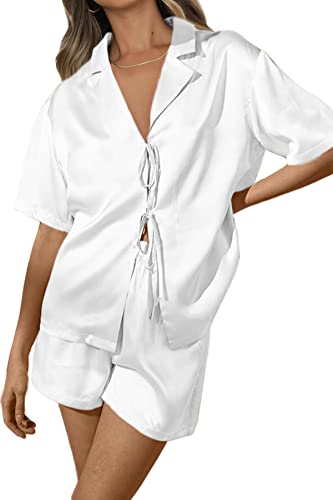 CHYRII Damen Seide Satin Pyjama Sets Tie Front Kurzarm Tops und Shorts Zweiteilige Pj Sets Nachtwäsche, Weiss/opulenter Garten, M von CHYRII