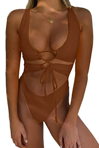 CHYRII Damen Sexy Ausschnitt Lace Up Rückenfrei High Cut Einteiler Badeanzug Monokini, Braun, S von CHYRII