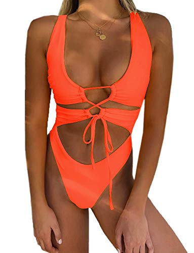 CHYRII Damen Sexy Ausschnitt Lace Up Rückenfrei High Cut Einteiler Badeanzug Monokini, Orange/Abendrot im Zickzackmuster (Sunset Chevron), S von CHYRII