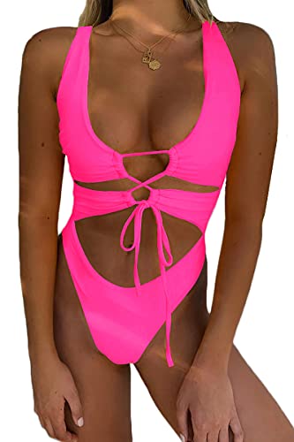 CHYRII Damen Sexy Ausschnitt Lace Up Rückenfrei High Cut Einteiler Badeanzug Monokini, Pink, XL von CHYRII