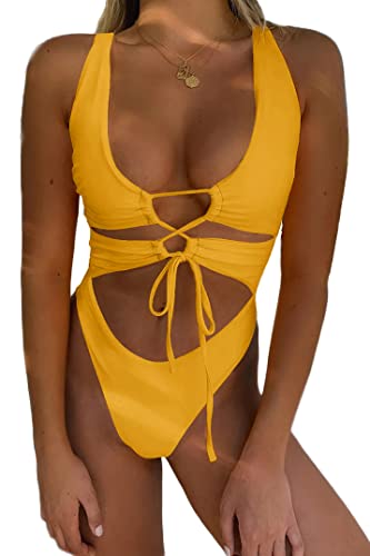 CHYRII Damen-Badeanzug, sexy Ausschnitt, Schnürung, rückenfrei, hoch geschnitten, Einteiler, Monokini, Ringelblume, Medium von CHYRII