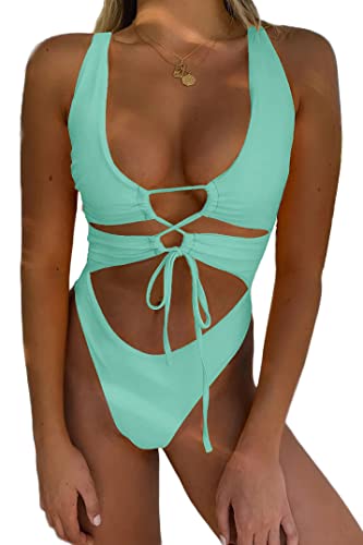 CHYRII Damen Sexy Ausschnitt Lace Up Rückenfrei High Cut Einteiler Badeanzug Monokini, Strandglas, S von CHYRII