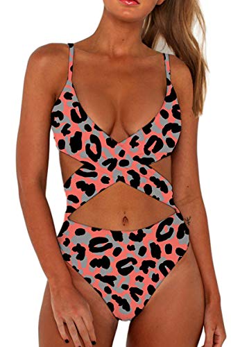 CHYRII Damen Sexy Criss Cross High Waist Cut Out One Piece Monokini Badeanzug, Rotes Leoparden2, Medium von CHYRII