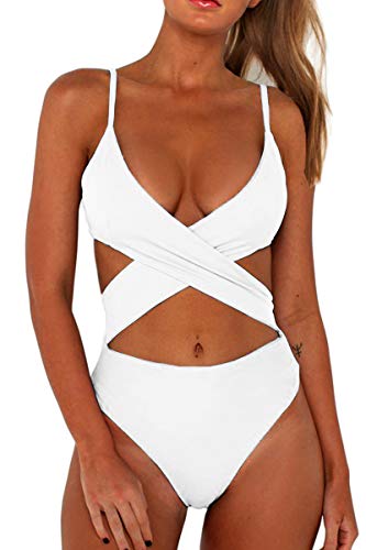 CHYRII Damen Sexy Criss Cross High Waist Cut Out One Piece Monokini Badeanzug, Weiß, Medium von CHYRII