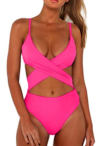 CHYRII Damen Sexy Criss Cross High Waist Cut Out One Piece Monokini Badeanzug, rose, Medium von CHYRII