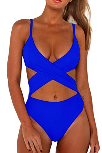 CHYRII Damen Sexy Criss Cross High Waist Cut Out One Piece Monokini Badeanzug, saphirblau, Medium von CHYRII