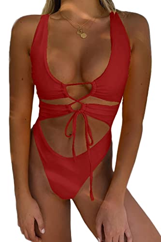 CHYRII Damen Sexy Ausschnitt Lace Up Rückenfrei High Cut Einteiler Badeanzug Monokini, Burgunder, Medium von CHYRII