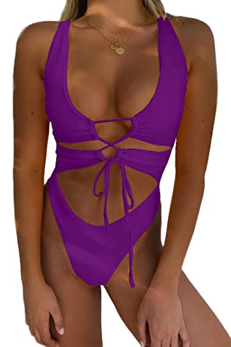 CHYRII Damen Sexy Ausschnitt Lace Up Rückenfrei High Cut Einteiler Badeanzug Monokini, Magenta, Large von CHYRII