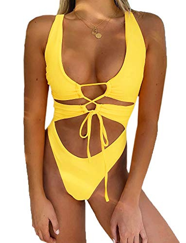 CHYRII Damen Sexy Cutout Lace Up Backless High Cut One Piece Badeanzug Monokini, gelb, XL von CHYRII