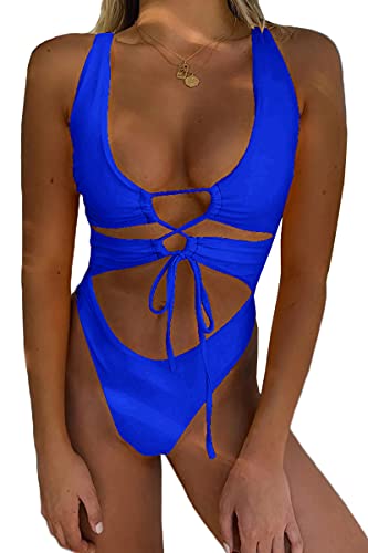 CHYRII Damen Sexy Cutout Lace Up Backless High Cut One Piece Badeanzug Monokini, königsblau, Large von CHYRII