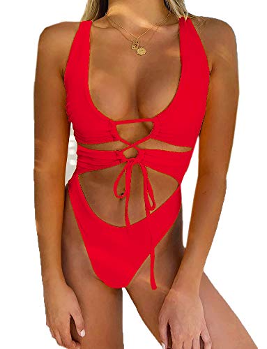 CHYRII Damen Sexy Cutout Lace Up Backless High Cut One Piece Badeanzug Monokini, rot, X-Large von CHYRII