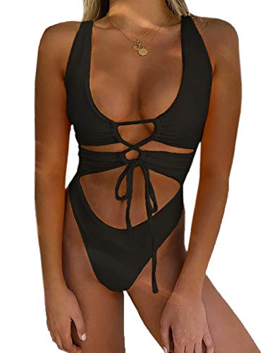 CHYRII Damen Sexy Ausschnitt Lace Up Rückenfrei High Cut Einteiler Badeanzug Monokini, Schwarz, XL von CHYRII