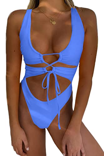 CHYRII Damen Sexy Cutout Lace Up Rückenfrei High Cut One Piece Badeanzug Monokini, indigoblau, Large von CHYRII