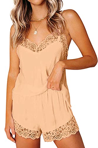 CHYRII Damen Sexy Seide Satin Pyjama Sets Spitzenbesatz Cami Tops Shorts Nachtwäsche, Champagner, M von CHYRII