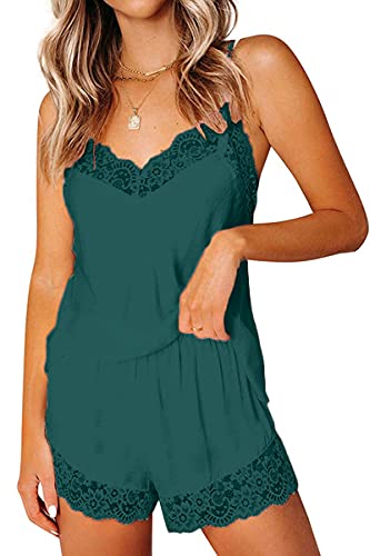 CHYRII Damen Sexy Seide Satin Pyjama Sets Spitzenbesatz Cami Tops Shorts Nachtwäsche, Grün, XL von CHYRII