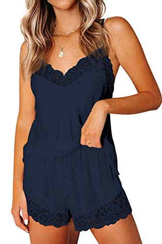 CHYRII Damen Sexy Seide Satin Pyjama Sets Spitzenbesatz Cami Tops Shorts Nachtwäsche, Marineblau, M von CHYRII