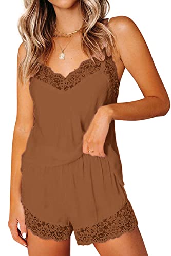 CHYRII Damen Sexy Seide Satin Pyjama Sets Spitzenbesatz Cami Tops Shorts Nachtwäsche, braun, M von CHYRII