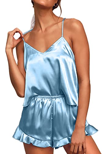 CHYRII Damen Sexy Seide Satin Rüschen Pyjama Sets Cami Shorts Sets Nachtwäsche, Blau, M CHYRII Damen Sexy Seide Satin Rüschen Pyjama Sets Cami Shorts Sets Nachtwäsche, Blau, M von CHYRII