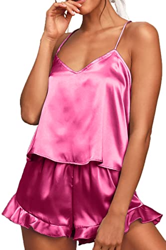 CHYRII Damen Sexy Seide Satin Rüschen Pyjama Sets Cami Shorts Sets Nachtwäsche, neon pink, L von CHYRII