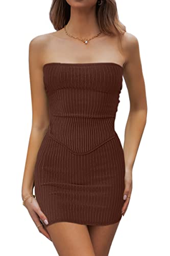 CHYRII Damen Sexy Sommer Zweiteilige Outfits Bandeau Ausgehen Crop Tops Bodycon Rock Sets Minikleid, Kaffee, S von CHYRII