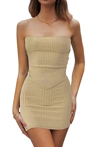 CHYRII Damen Sexy Sommer Zweiteilige Outfits Bandeau Ausgehen Crop Tops Bodycon Rock Sets Minikleid, aprikose, M von CHYRII