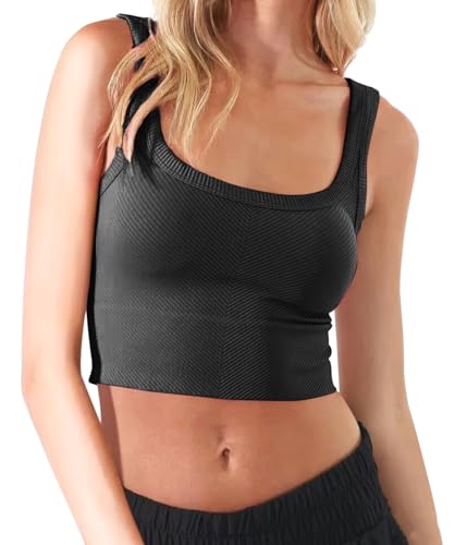 CHYRII Damen-Sommer-Oberteil mit quadratischem Ausschnitt, geripptes Basic-Tanktop, bauchfreies Workout-Top, Schwarz, Klein von CHYRII