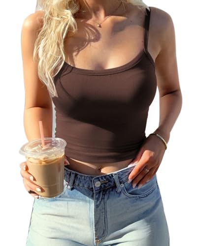 CHYRII Damen-Tanktop mit integriertem BH, modisches Workout-Top, langer Sport-BH, Basic Camisole Top, Kaffee, Mittel von CHYRII