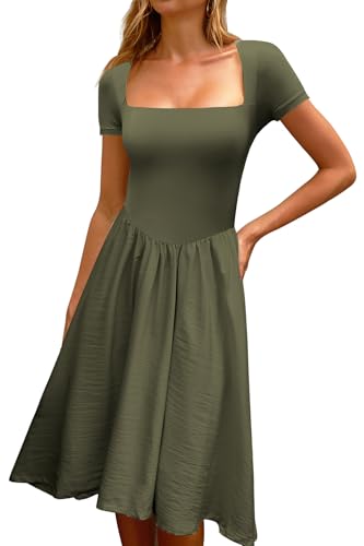 CHYRII Damenmode Sommer 2025, quadratischer Ausschnitt, kurze Ärmel, A-Linie, Midi-Kleid, langes Sommerkleid, Grün (Army Green), XX-Large von CHYRII