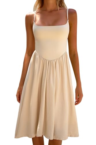 CHYRII Damenmode Sommer 2025 Spaghettiträger ärmellos lässig A-Linie Midi-Kleider Sommerkleid, Beige, Mittel von CHYRII