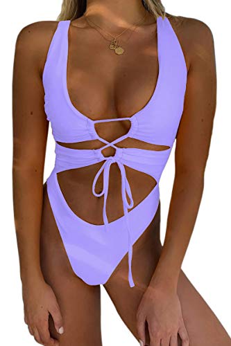 CHYRII Women's Sexy Cutout Lace Up Backless High Cut One Piece Bathing Suit Monokini Lavender XL von CHYRII