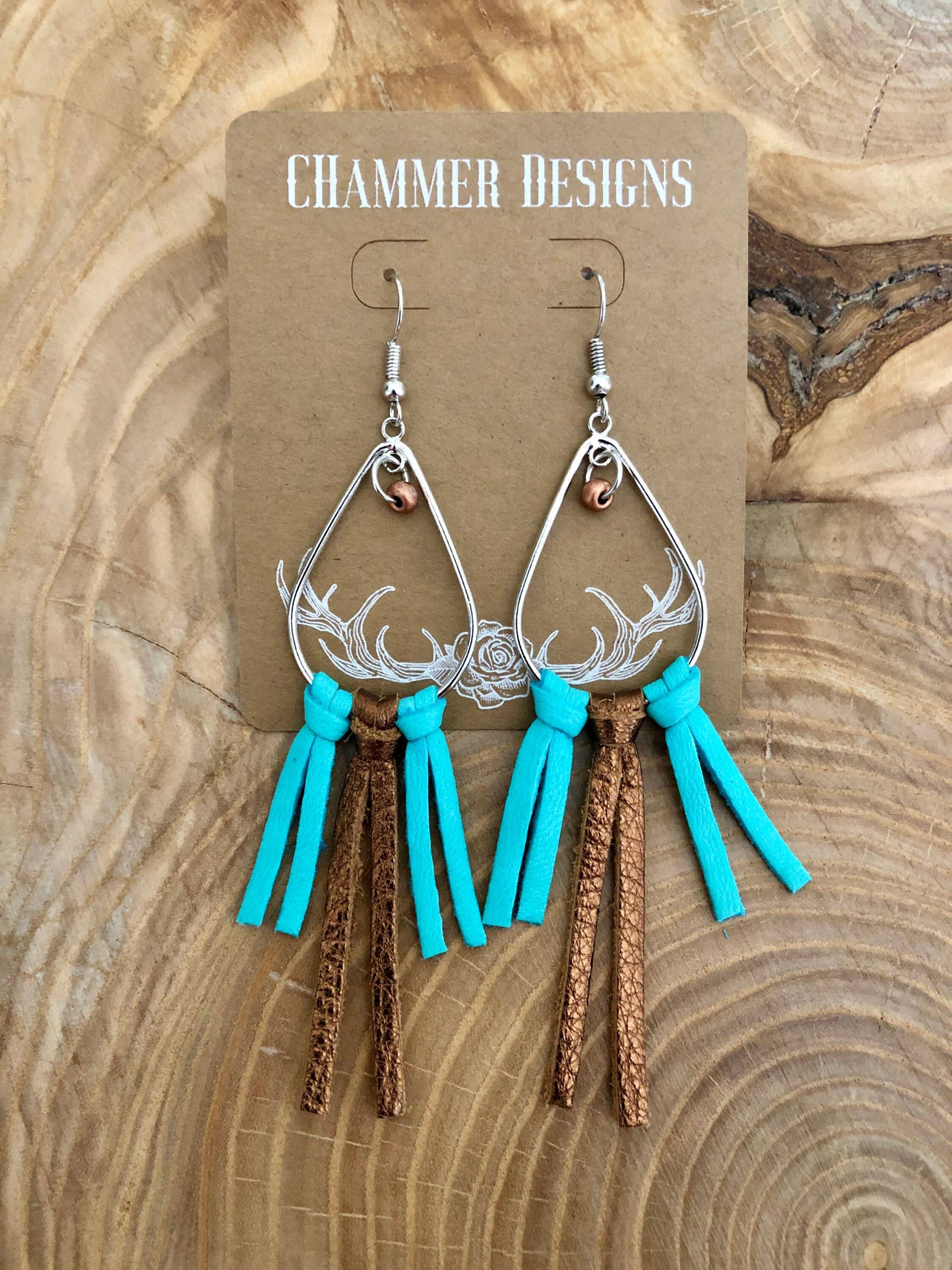 Türkis Leder Und Metallic Braun Fransen Ohrringe von CHammerDesigns