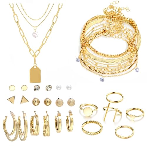 CHarmeFleur 33 Stück Gold Schmuck Set für Frauen Modischer Modeschmuck Goldplattiertes Halsband Armband Ring Ohrringe Set Gold Schmuck Set für Frauen von CHarmeFleur