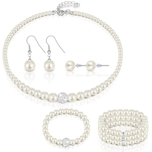 CHarmeFleur Perlen Kristall Schmuck Set für Frauen Perlenkette Armband Ohrringe für Hochzeit Geburtstag Brautjungfernparty Teeparty Perlenhalsbänder für Frauen von CHarmeFleur